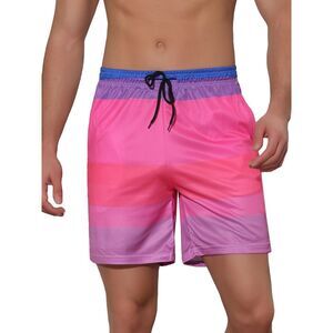 Men's Drawstring Waist Colorful Pattern Hawaiian Swim Board Shorts Pink